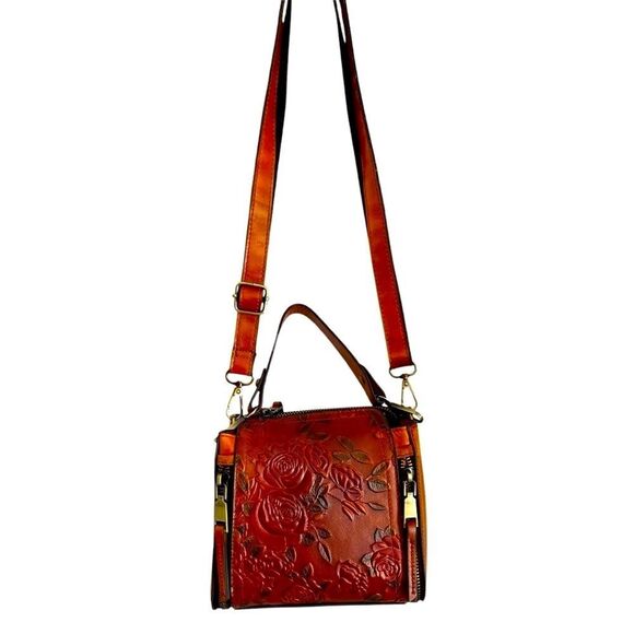 Vintage Hand-tooled Small Leather Bag Roses Crossbody Strap & Handle USA Made - Picture 1 of 11